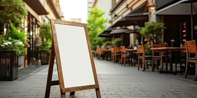 ai gegenereerd. ai generatief. winkel restaurant cafe aanplakbord bespotten omhoog blanco teken sjabloon banier voor Promotie. grafisch kunst foto