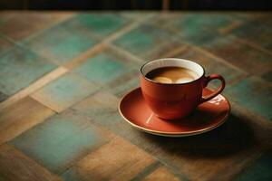 kop van koffie Aan houten tafel. pro foto