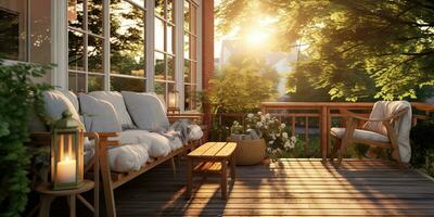 ai gegenereerd. ai generatief. wijnoogst retro modern Scandinavisch stijl veranda veranda sofa met tafel zittend kom tot rust plaats met veel bloemen en planten. grafisch kunst foto