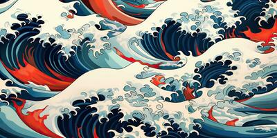 ai gegenereerd. ai generatief.vintage retro oud stijl getrokken verf zee oceaan rivier- water golven in minimaal Japans stijl. marinier en nautische illustratie. grafisch kunst foto
