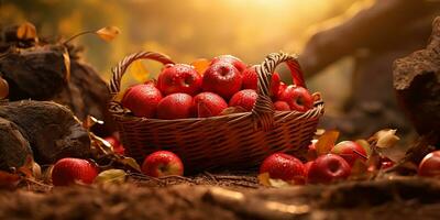 ai gegenereerd. ai generatief. herfst vallen vers biologisch rood appels in houten mand. grafisch kunst foto