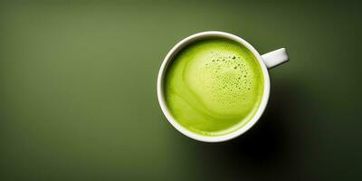 ai gegenereerd. ai generatief. Aziatisch Japans traditioneel heet matcha kop van groen latte top visie. bespotten omhoog achtergrond Aan tafel. grafisch kunst foto