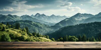 ai gegenereerd. ai generatief. houten tafel natuur buitenshuis Woud berg natuur landschap achtergrond. grafisch kunst foto
