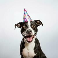 gelukkig schattig hond in een feestelijk hoed vieren een verjaardag. foto