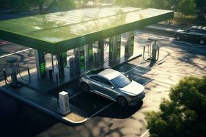 elektrisch voertuig opladen station. concept van gebruik makend van elektrisch voertuigen en consumeren groen elektriciteit. milieuvriendelijk vriendelijk brandstof voertuigen. foto