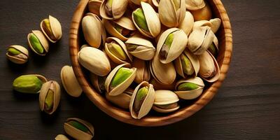 ai gegenereerd. ai generatief. pistache noten in kom in houten tafel. gezond veganistisch biologisch voedsel. grafisch kunst foto