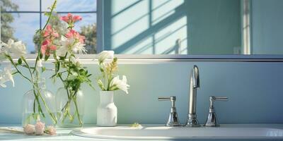 ai gegenereerd. ai generatief. wit modern minimaal wit luxe wastafel badkamer keuken met spiegel en fabriek bloem. grafisch kunst foto