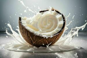 gebarsten kokosnoot met spatten van melk. pro foto