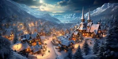 ai gegenereerd. ai generatief. tekenfilm dorp Kerstmis Kerstmis nieuw jaar sneeuw huizen achtergrond. grafisch kunst foto