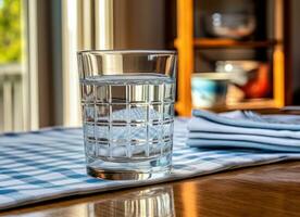 glas van zuiver water Aan keuken tafel. gemaakt met generatief ai technologie. foto