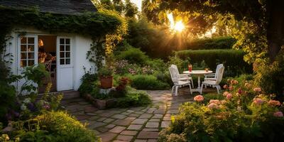 ai gegenereerd. ai generatief. natuur buitenshuis buitenkant huis tuin met knus tafel met veel planten bloemen. grafisch kunst foto