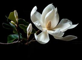 mooi groot wit magnolia tegen een achtergrond van donker groen bladeren Aan een boom in voorjaar dag. gemaakt met generatief ai technologie. foto