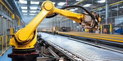 ai gegenereerd. ai generatief. mechanisch toekomst innovatie robot arm hand- fabriek industrie bouw automatisering werkwijze. grafisch kunst foto