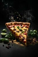 plak van pizza met kaas, salami, tomaten, peper, specerijen en vers basilicum Aan donker achtergrond. reclame promotionele voedsel foto ai generatief