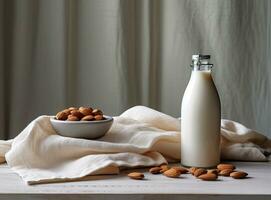 biologisch amandel melk in glas fles in de buurt keramisch kom met rauw amandelen Aan steen tafel in de keuken klaar voor Koken. gemaakt met generatief ai technologie. foto