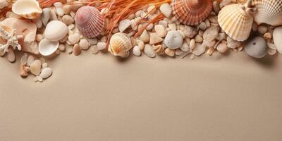 ai gegenereerd. ai generatief. nautische strand marinier zeegezicht zee schelp zand eiland kopiëren ruimte bespotten omhoog achtergrond. grafisch kunst foto