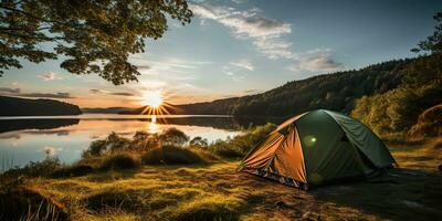 ai gegenereerd. ai generatief. camping ontspanning tijd tent Bij meer mooi landschap achtergrond. avontuur vakantie raften tijd. grafisch kunst foto