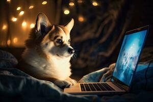 schattig welsh corgi pembroke hond met laptop in bed, schattig hond aan het kijken een film Aan een laptop scherm. laptop en hond, ai gegenereerd foto