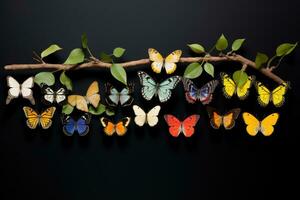 vlinders van verschillend kleuren Aan een Afdeling Aan een zwart achtergrond, verschillend soorten van vlinders zittend Aan een stok, wit achtergrond, ai gegenereerd foto