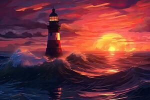 illustratie van een vuurtoren Aan de zee Bij zonsondergang. digitaal schilderen, digitaal schilderij van een vuurtoren in de midden- van de oceaan Bij zonsondergang, ai gegenereerd foto