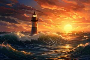 vuurtoren Aan de achtergrond van de zee en zonsondergang. 3d weergave, digitaal schilderij van een vuurtoren in de midden- van de oceaan Bij zonsondergang, ai gegenereerd foto