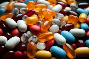 geneesmiddel verscheidenheid in plastic pakketjes vormen kleurrijk pil hoop verschillend Gezondheid remedies ai gegenereerd foto