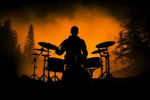 drummen intensiteit, silhouet vangt drummers beweging tegen donker backdrop ai gegenereerd foto