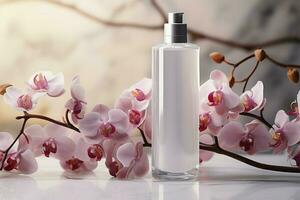 kunstmatig Product fles tegen een backdrop van bloeiend orchidee, gefocust ai gegenereerd foto