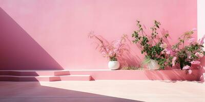 ai gegenereerd. ai generatief. roze muur botanisch bloemen fabriek architectuur. luxe knus minimaal uitstraling achtergrond. grafisch kunst foto