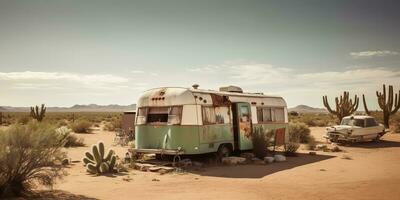 ai gegenereerd. ai generatief. oud metaal rustiek in de steek gelaten wijnoogst camper rv auto huis in woestijn. avontuur achtergrond levensstijl. grafisch kunst foto
