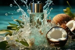 exotisch schoonheid Scherm, kunstmatig Product gepresenteerd met kokosnoten, tropisch water plons mockup ai gegenereerd foto