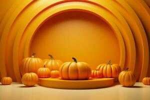 abstract podium wordt weergegeven 3d pompoen Aan oranje achtergrond, perfect halloween vertegenwoordiging ai gegenereerd foto