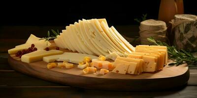 verschillend types van kaas. gesneden kaas Aan de tafel. foto