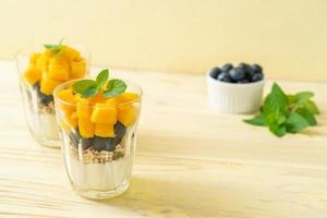 zelfgemaakte verse mango en verse bosbes met yoghurt en granola - gezonde voedingsstijl foto