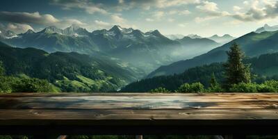 ai gegenereerd. ai generatief. houten tafel natuur buitenshuis Woud berg natuur landschap achtergrond. grafisch kunst foto