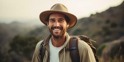 ai gegenereerd. ai generatief. knap Mens in hoed rugzak trekking wandelen portret landschap avontuur buitenshuis. grafisch kunst foto