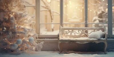 ai gegenereerd. ai generatief. nieuw jaar Kerstmis vrolijk Kerstmis buitenshuis huis huis decoratie venster voorkant vieren sneeuw winter december seizoen. grafisch kunst foto