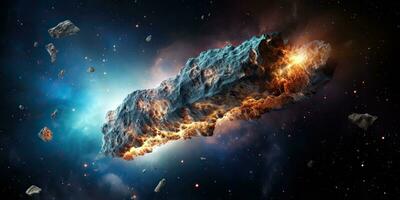 ai gegenereerd. ai generatief. heelal buitenste ruimte vliegend asteroïde universum heelal Gevaar catastrofe. grafisch kunst foto