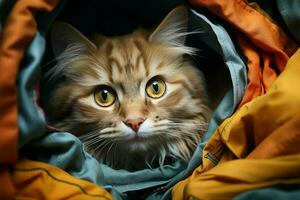paniek getroffen kat gevonden verborgen in kast dames hand- onthult haar geheim toevluchtsoord ai gegenereerd foto
