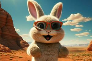 tinten gekleed tekenfilm konijn rotsen stijl in uitgestrekt, zonnig woestijn landschap ai gegenereerd foto