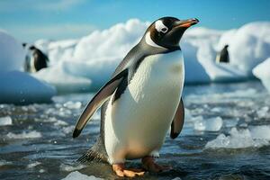 eenzaam pinguïn Aan strand, ijsbergen achtergrond, antarctisch eenzaamheid gevangen genomen ai gegenereerd foto