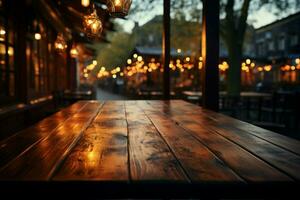 houten tafel wacht te midden van bokeh lichten, cafe charme mengen met sereen leegte ai gegenereerd foto