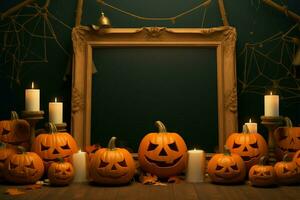 halloween themed sjabloon ingelijst met korrelig textuur, pompoenen weergeven glimlacht en bang maken ai gegenereerd foto