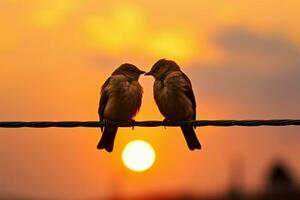 silhouet van een liefhebbend vogel paar neergestreken Aan draden tegen een zonsondergang backdrop ai gegenereerd foto