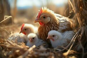 licht rood haren moeder kip teder geeft voor pluizig kuikens in hooi ai gegenereerd foto