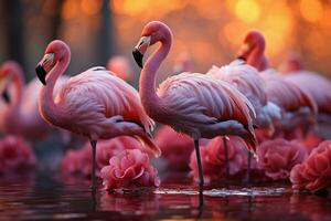 rustig moment bevallig flamingo's waden, gieten betoverend reflecties hieronder ai gegenereerd foto