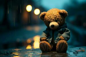 tranen mengen met regen net zo een troosteloos teddy beer zit stilletjes ai gegenereerd foto