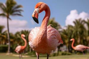 bevallig roze flamingo Aan weelderig gazon in de buurt exotisch palm bomen ai gegenereerd foto