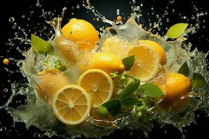 citrus explosie geschorst, vers citroen en plons creëren een boeiend reclame tafereel ai gegenereerd foto