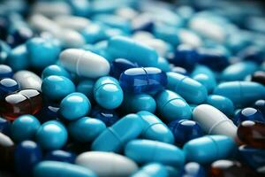 geassorteerd pillen hoop wit, blauw, levendig kleuren geneesmiddel verscheidenheid verpakt voor Gezondheid ai gegenereerd foto